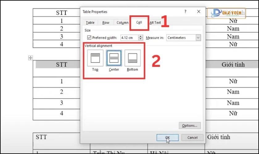 Chọn vào vị trí mong muốn để căn chỉnh
