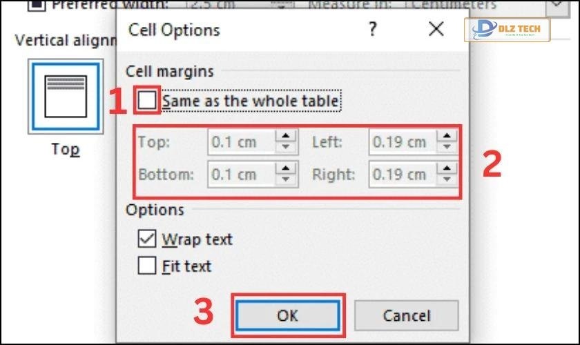 Bỏ chọn Same as the whole table để có thể tùy chỉnh theo ý 