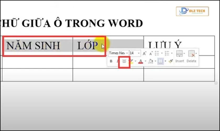 Căn giữa ô trong Word bằng chuột phải