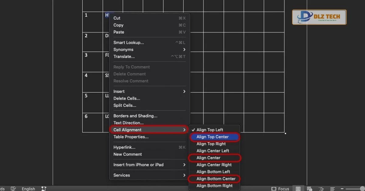 Căn chỉnh giữa ô trong bảng Word bằng Cell Alignment