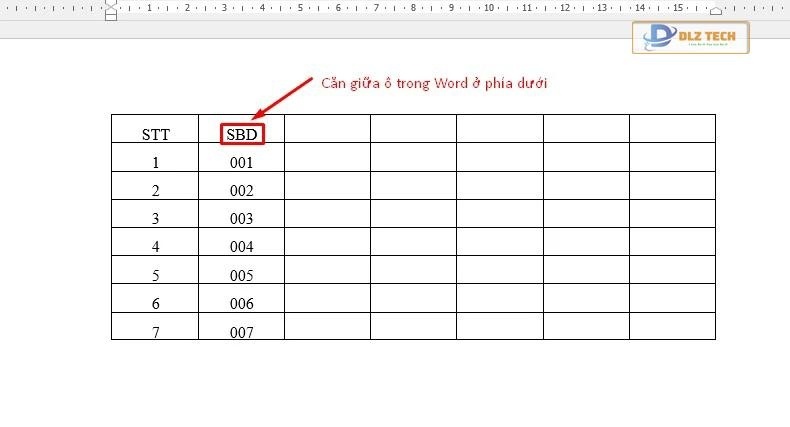 Căn giữa ô trong Word ở phía dưới