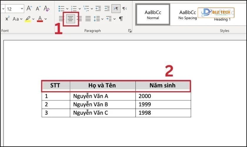 Chọn Align Center để căn giữa ô