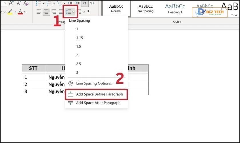 Chọn Add Space Before Paragraph để căn chính giữa ô theo chiều dọc