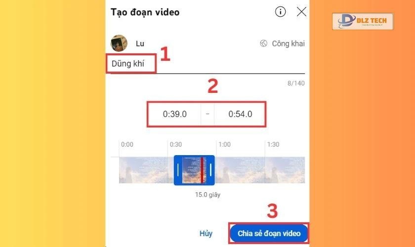 Chọn đoạn muốn cắt và nhấn vào Chia sẻ đoạn video