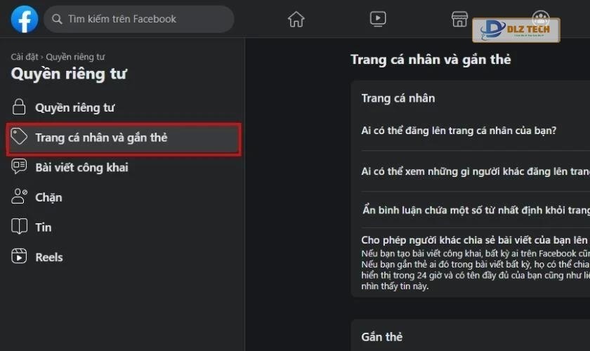 Nhấn vào mục Trang cá nhân và gắn thẻ