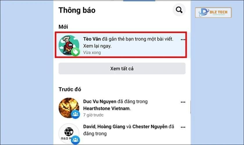 Nhấp vào dòng thông báo