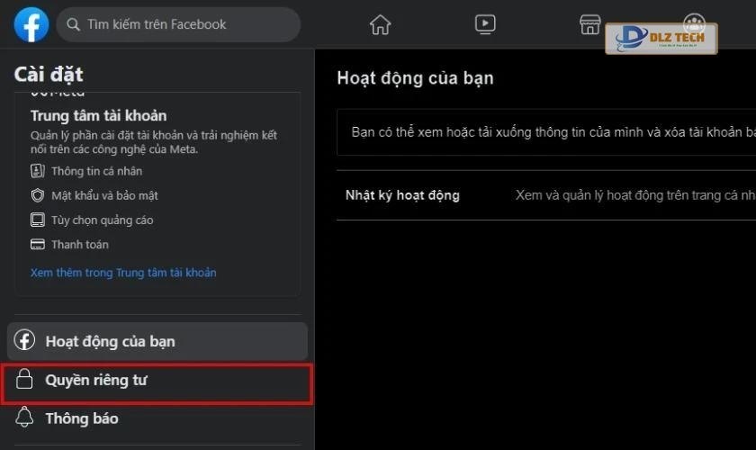 Chọn vào mục Quyền riêng tư