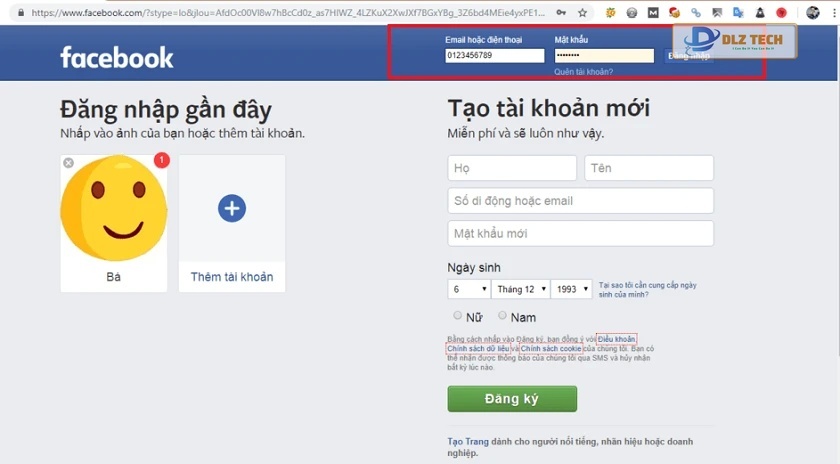 Đăng nhập facebook bằng số điện thoại