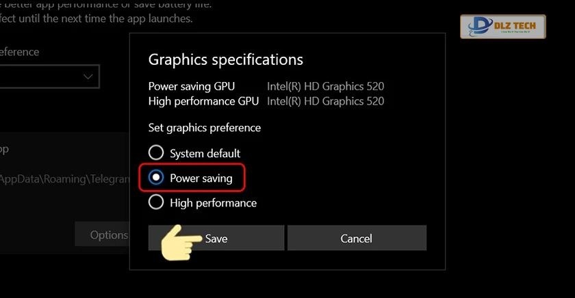 Tại bảng chọn hiện lên, tích vào Power Saving sau đó nhấn Save.