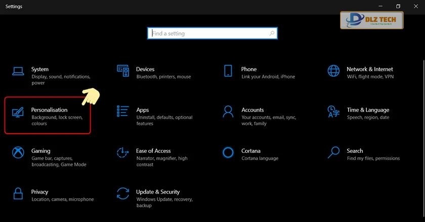Chọn Personalisation trong bảng chọn Settings.