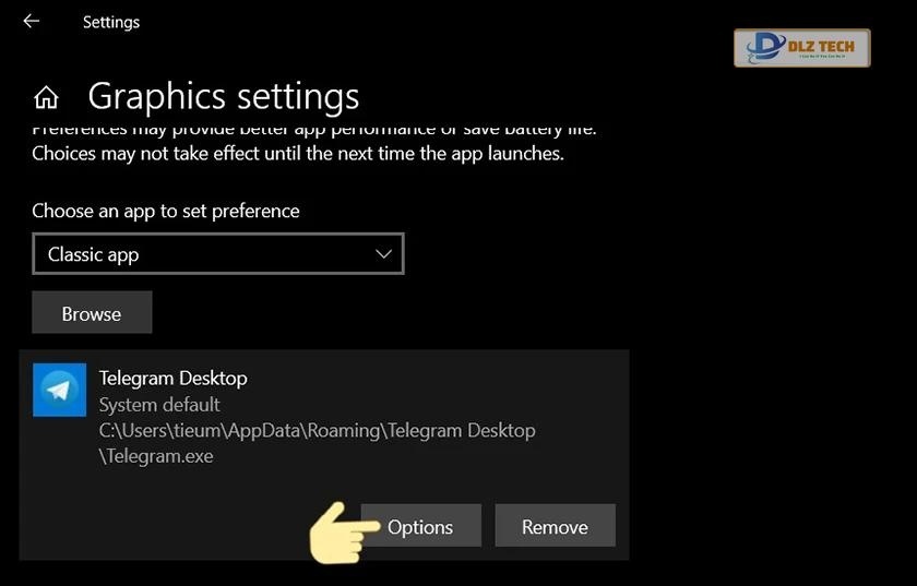 Click chọn ứng dụng bạn muốn chuyển sang GPU tích hợp, chọn tiếp Options