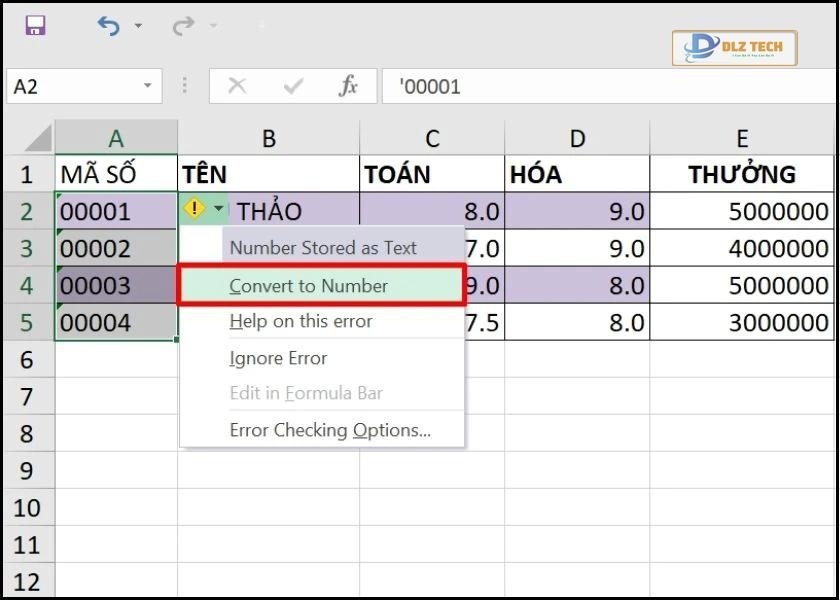 chọn convert to Number