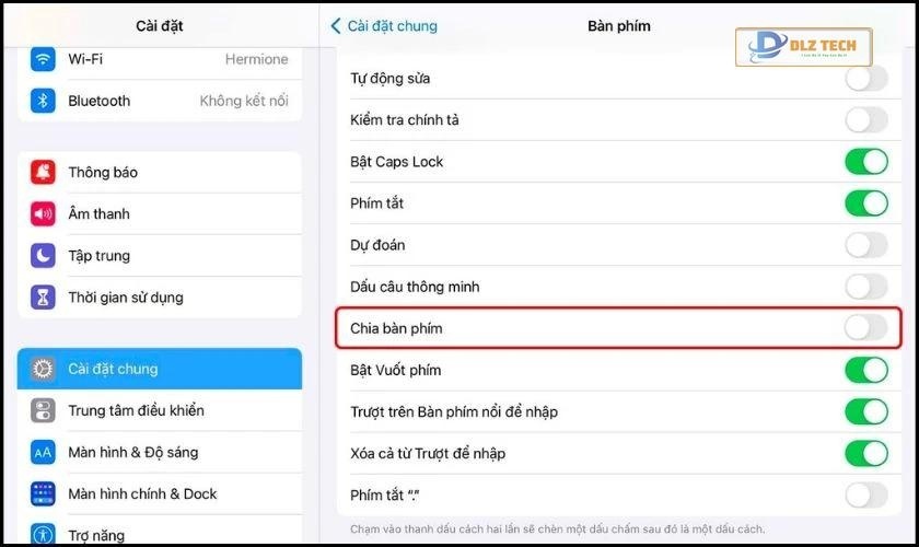 Gạt tắt tính năng chia bàn phím