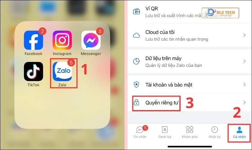 Nhấn vào cá nhân và chọn Quyền riêng tư