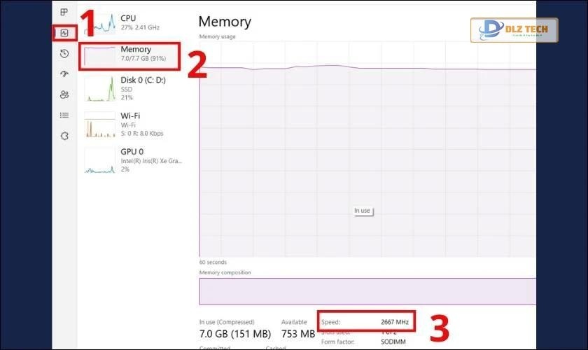 Chọn Performance, sau đó nhấn Memory và quan sát Bus RAM tại Speed