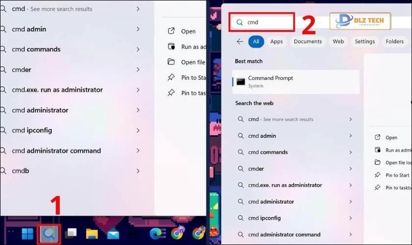 Nhập cmd vào ô tìm kiếm rồi nhấn Enter