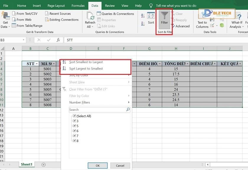 Sắp xếp thứ tự trong Excel bằng cách dùng Filter