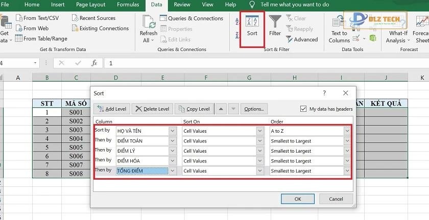 Sắp xếp thứ tự trong Excel bằng cách dùng Filter