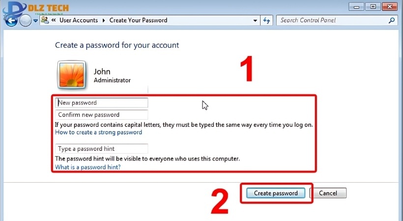 Nhập mật khẩu mới, xác nhận lại mật khẩu, gợi ý mật khẩu > Chọn Create password