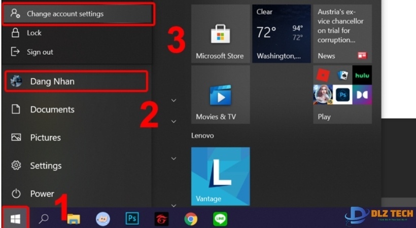 cách đặt mật khẩu máy tính - Truy cập vào Menu Start