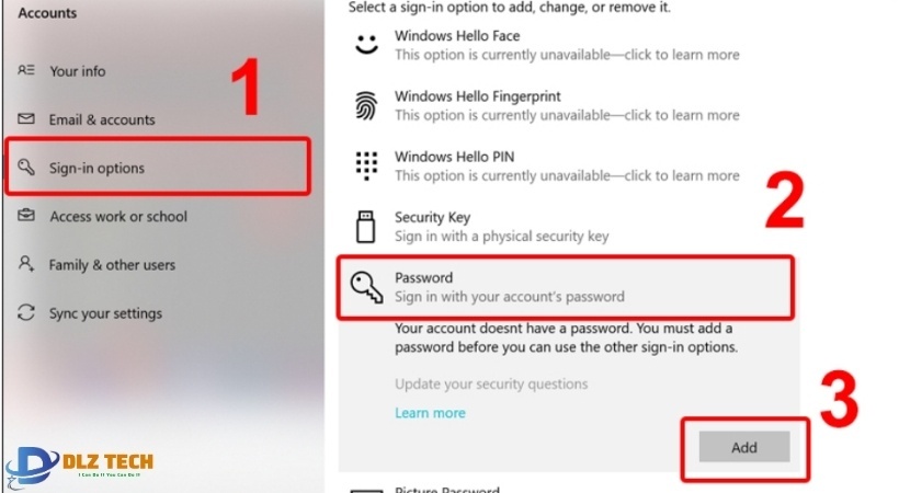 Sign-in options hiển thị mục Password click add