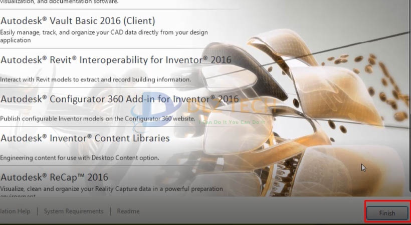 Chọn Finish. Hoàn thành cài Autodesk Inventor 2016.