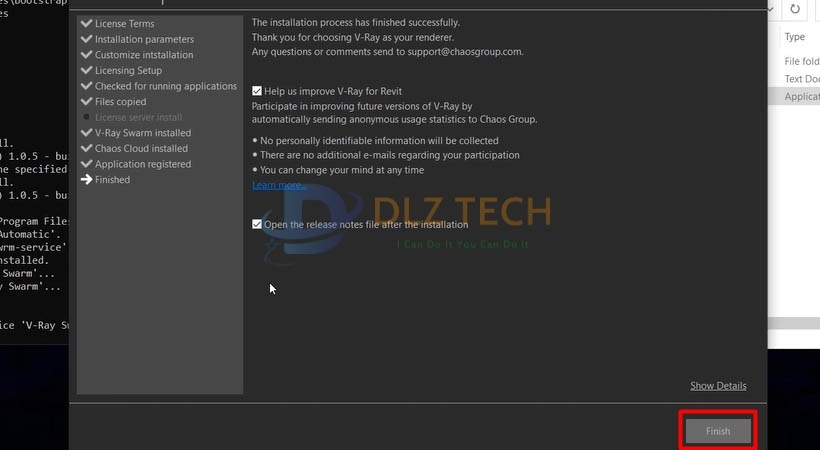 Chọn Finish. Hoàn thành cài Vray For revit 2015.