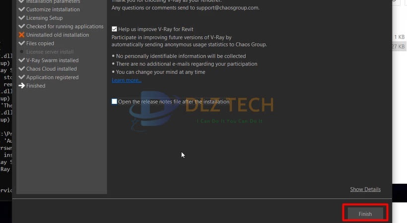 Chọn Finish. Hoàn thành cài Vray For revit 2016.