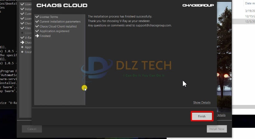 Chọn Finish. Hoàn thành cài Vray For revit 2019.