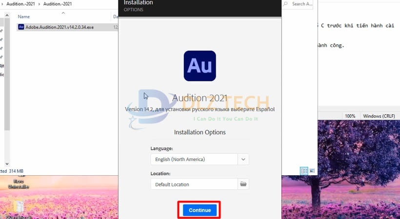 Chọn Continue để cài Audition 2021.