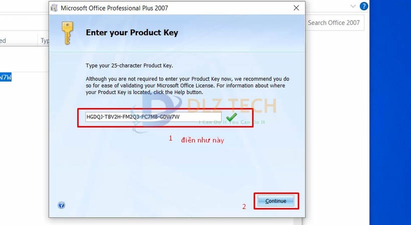 Điền như hình sau đó chọn Continue để cài Office 2007.