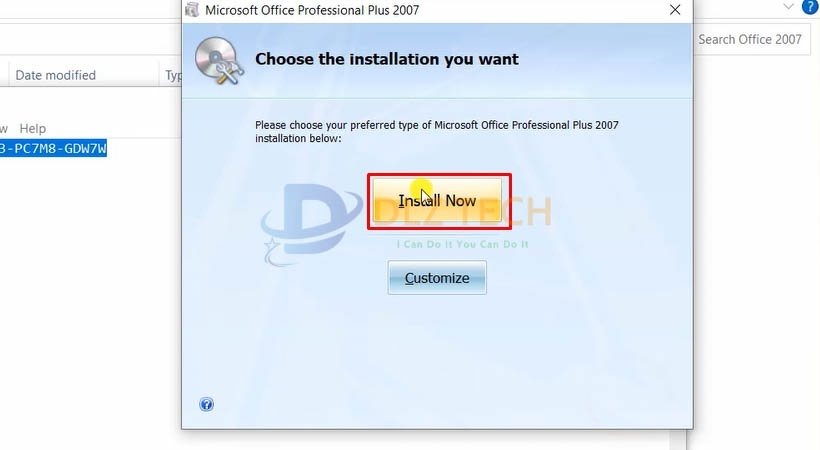 Chọn Install Now để cài Office 2007.