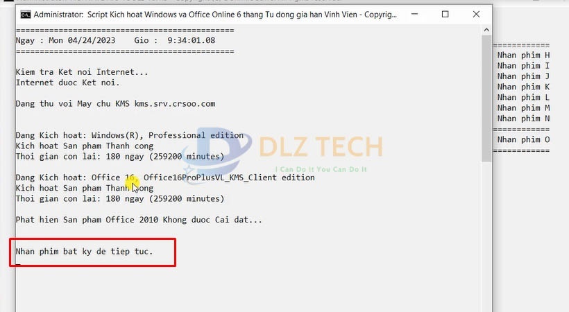 Nhấn phím bất kì để tiếp tục hoàn thành cài đặt phần mềm.