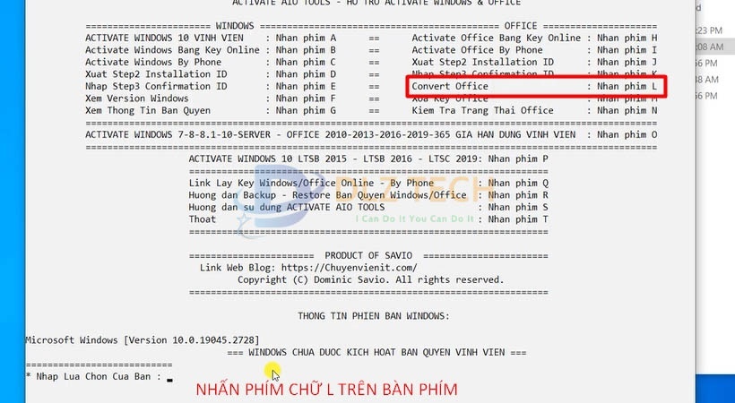 Nhấn phím L để cài Office 2019.