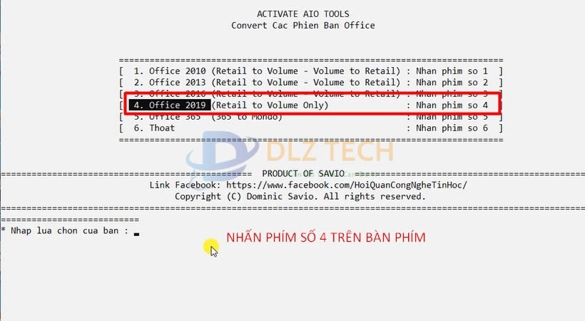 Nhấn phím số 4 để cài Office 2019.