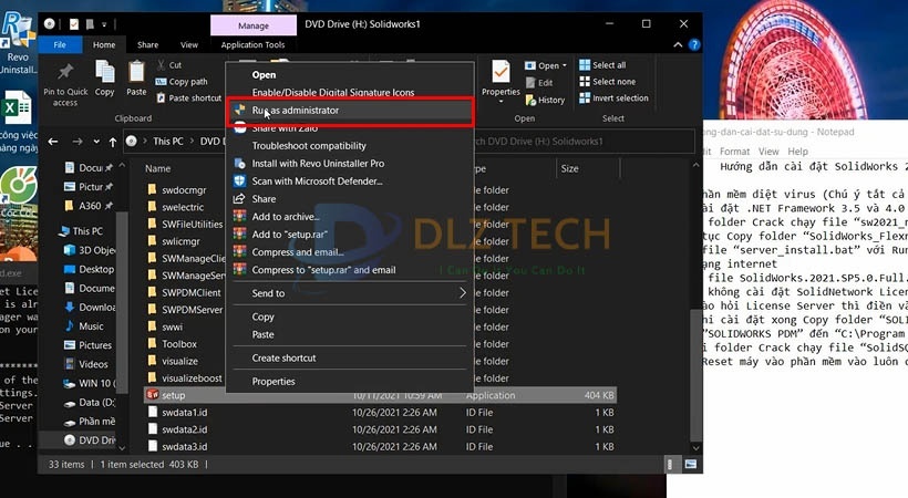Khởi chạy file set up như hình để cài Solidworks 2021.