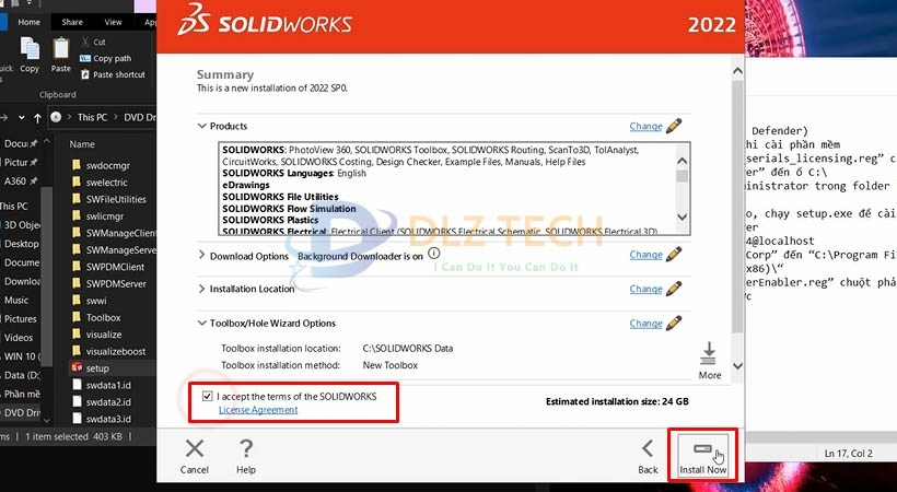Chọn Install Now để cài Solidworks 2022.