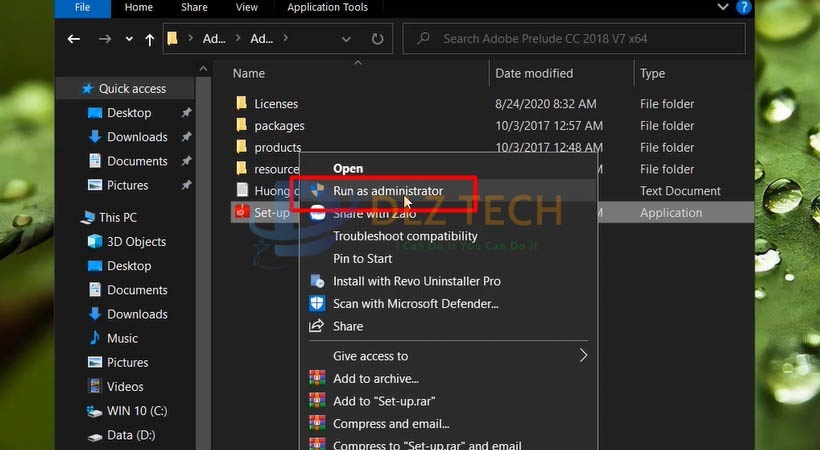 Chạy file setup bằng quyền Admin