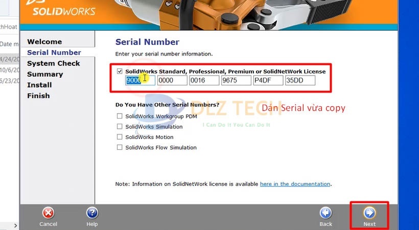 Paste mã code vào đây và tiếp tục chọn Next. cài Solidworks 2012 về máy.