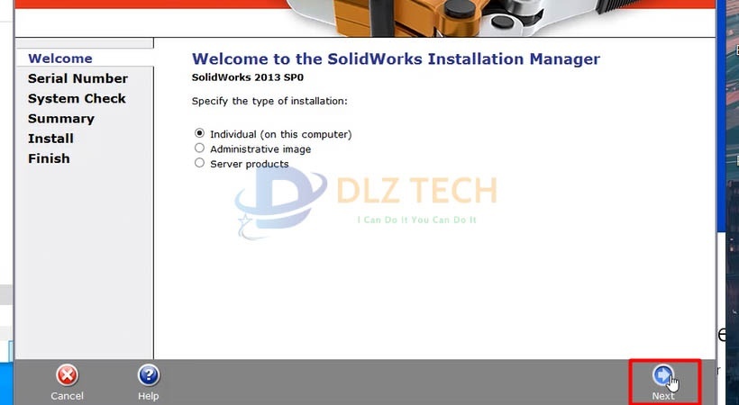 Chọn như hình sau đó chọn Next để cài Solidworks 2013.