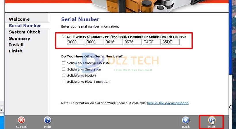 Điền các mã số vào như hình và chọn Next.