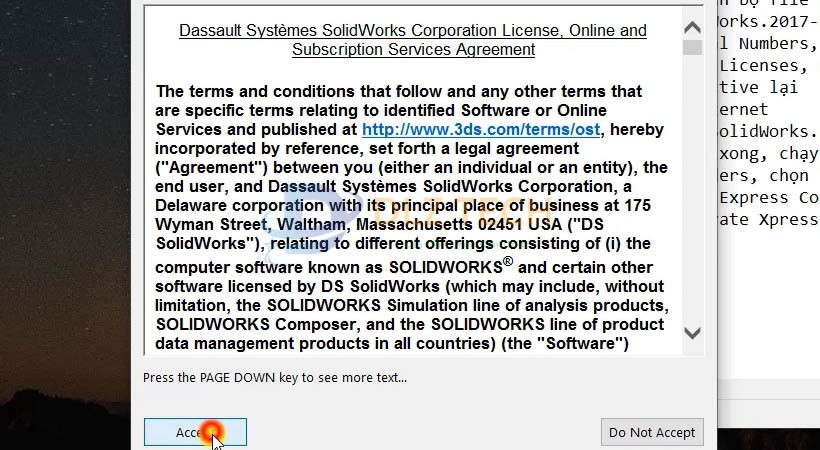 Chọn Accept. Hoàn thành cài Solidworks 2017.