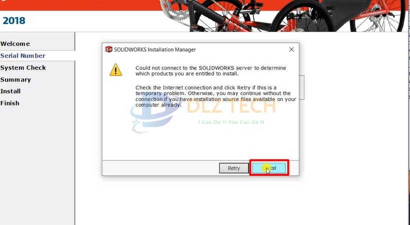 Chọn Cancel để cài Solidworks 2018.
