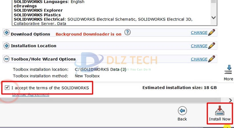 Chọn I Accept sau đó chọn Install để cài Solidworks 2018.
