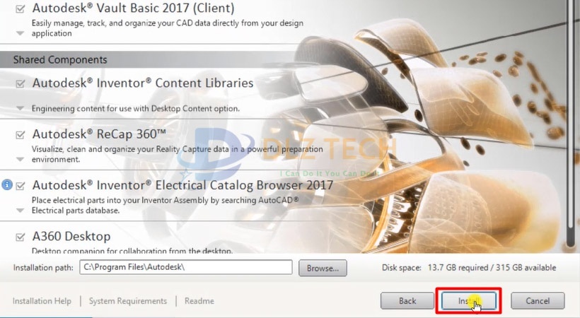 Tiến hành chọn Install để tiến hành cài Autodesk Inventor 2017.