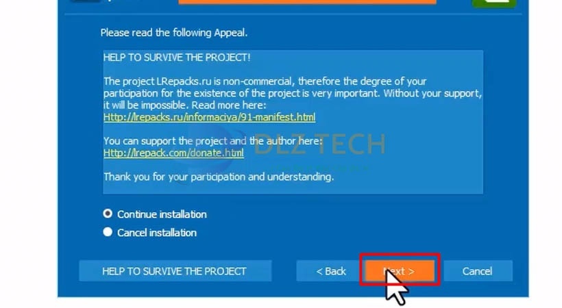 Chọn Continue rồi chọn Next