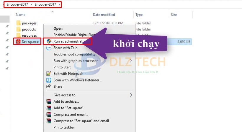 Khởi chạy file set up như hình.