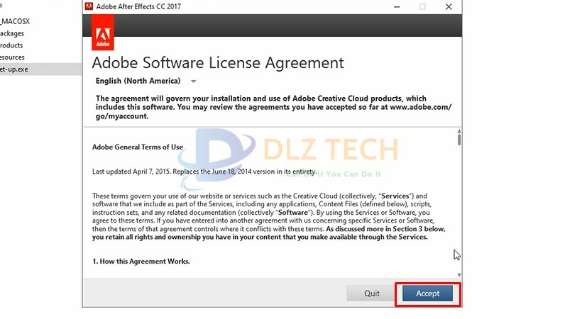 Tiến hành chọn Accept để tiếp tục cài After Effects 2017.