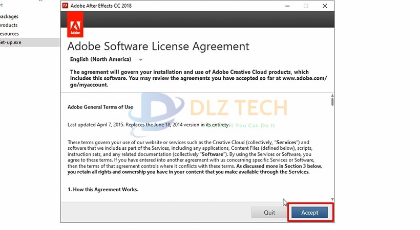 Chọn Accept để tiếp tục cài After Effects 2018.