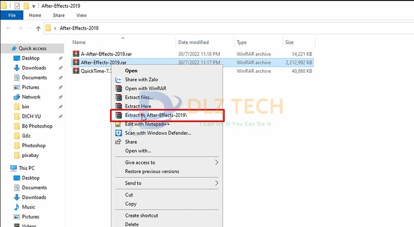 Tiến hành giải nén file cài đặt After Effects 2019 như hình.